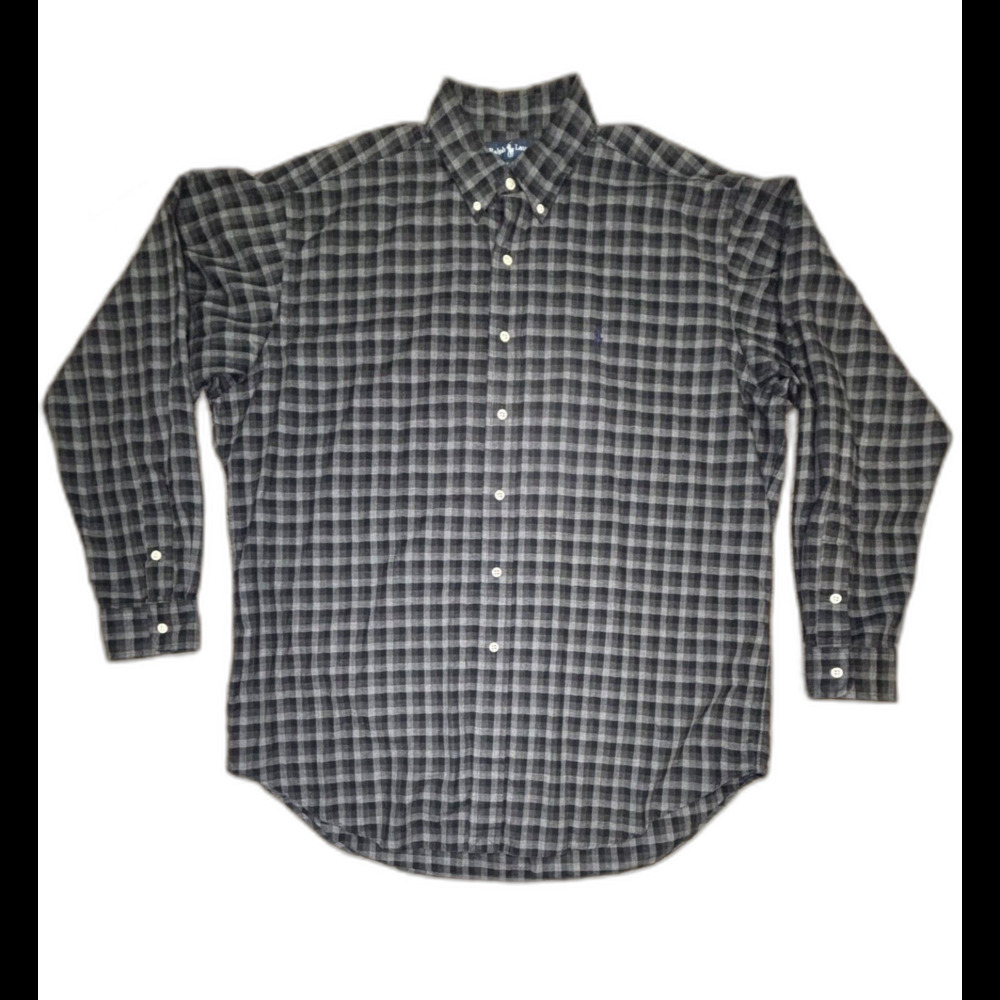 Ralph Lauren Men’s LG Blake Gray Plaid Button-Down Shirt 100% Cotton Blue Pony